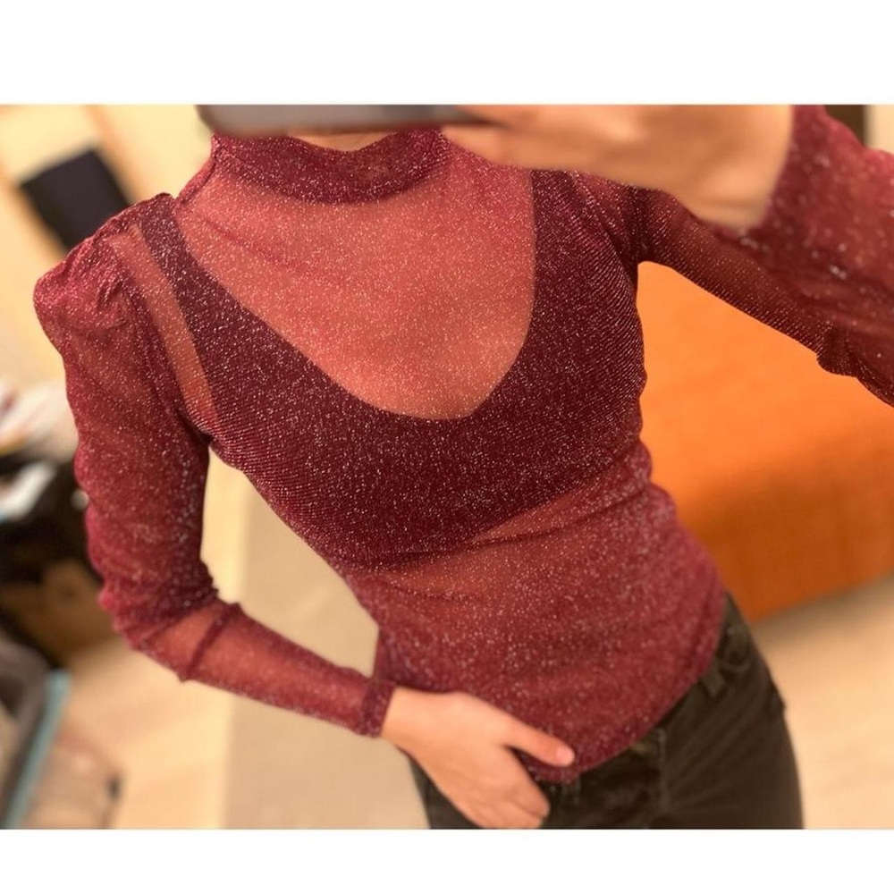 Burgundy See-Through Sparkly Mesh Top with Puff Sleeves